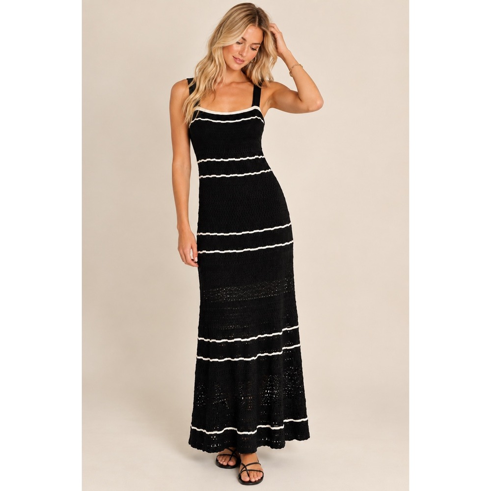 Abercrombie & Fitch Black Crochet Knit Maxi Dress White Stripe Size S
